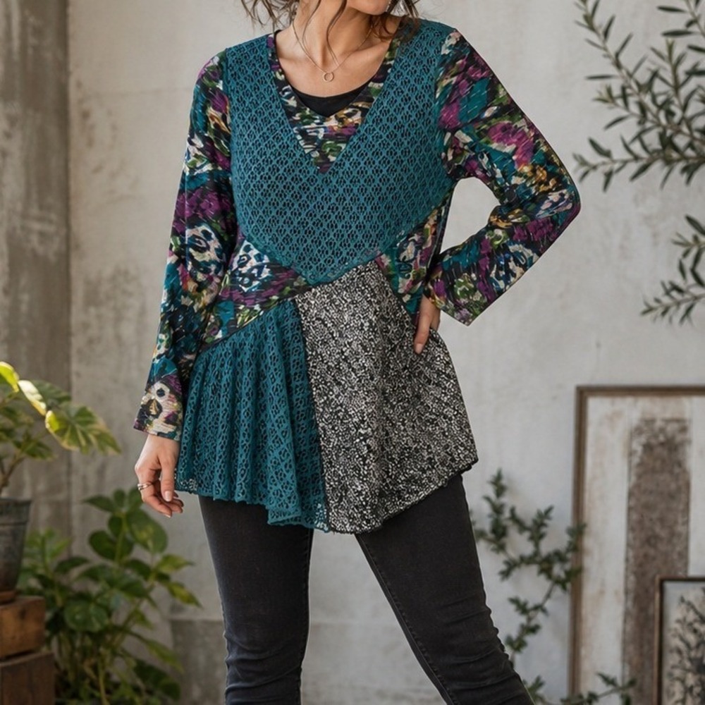 This and That Mixed Media Patchwork Tunic Top XXL Teal Purple Abstract Crochet